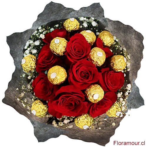 Fino ramo compacto de 10 rosas rojas y 12 bombones rocher ferrero chocolates